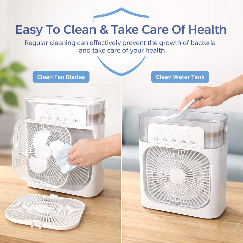 Portable Air Conditioner Fan 3-in-1 / Mist Fan Cooler 3 Speeds / Desktop Air Conditioner for Bedroom, Office, and Outdoor Use USB Powered